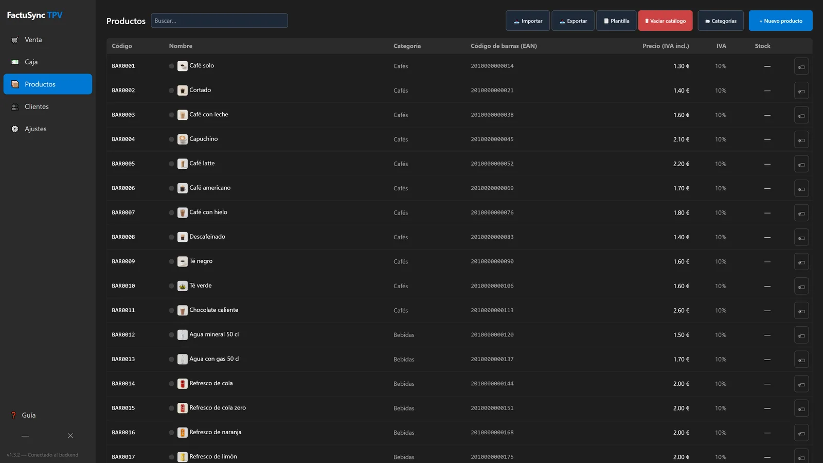 Listado de productos con código, categoría, EAN, precio, IVA y stock